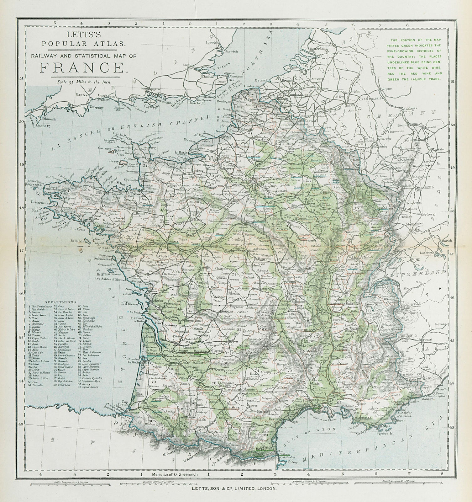 FRANCE showing wine-growing regions shaded green. LETTS 1883 old antique map